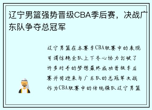 辽宁男篮强势晋级CBA季后赛，决战广东队争夺总冠军