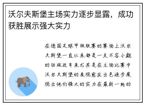 沃尔夫斯堡主场实力逐步显露，成功获胜展示强大实力